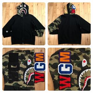 1st camo green × black 袖切り替え シャーク パーカー Mサイズ shark full zip hoodie a bathing ape BAPE エイプ ベイプ 迷彩 z5