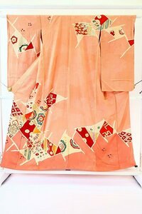 【着物フィ】アンティーク　訪問着　ピンクオレンジ色　金駒刺繍　菊　身丈153cm 大正ロマン レトロ 正絹 仕立て上がり 袷 kimono 13011