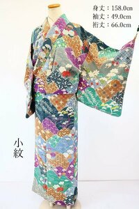 【送料無料】美品 小紋 縮緬 グリーン 水色　紫　吉祥文様 七宝繋ぎ 亀甲 松竹梅 身丈158cm　裄丈66cm 仕立て上がり　正絹　m-4324