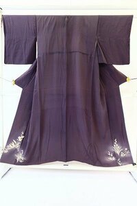 【着物フィ】セミアンティーク 色留袖　紫がかった灰色　花　 身丈153cm 大正ロマン レトロ　kimono 袷　正絹　仕立て上がり　13150