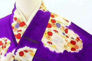 【着物フィ】アンティーク　小紋　紫色　菊柄　身丈154cm 大正ロマン レトロ 正絹 仕立て上がり　kimono 13196