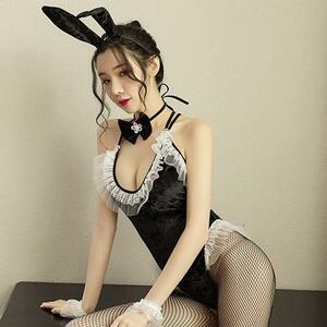 バニーガール　セクシーランジェリー　ベビードール　コスプレ　コスチューム　衣装　うさ耳　リボン　チョーカー　黒　ブラック　813