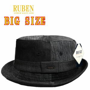送料無料 大きいサイズ RUBEN デニム パッチワーク ポークパイ ブラック ロールアップ ジーンズ メンズ 帽子 Bigsize