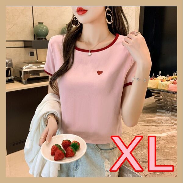 【残り3点】Tシャツ トップス カットソー レディース ピンク XL ハート きれい系