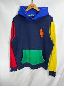 ■ POLO RALPH LAUREN ポロ ラルフローレン デカポニー 刺繍ロゴ スウェット フーディー 古着 サイズM マルチカラー バイカラー アメカジ■