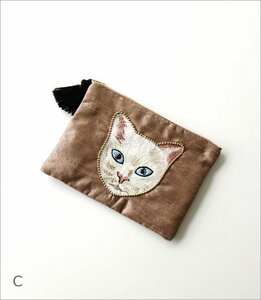 ポーチ 小物入れ 猫 ねこ おしゃれ 刺繍 丸 フラット 小物入れ キャット刺繍ポーチ A 【Cタイプ】 送料無料(一部地域除く) kan9847c