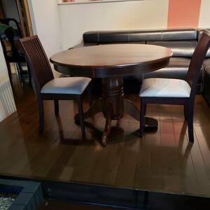  H-192 ビンテージ 古い木製ラウンドテーブル◆机 デスク 丸テーブル カフェ 北欧デザイン椅子2セット