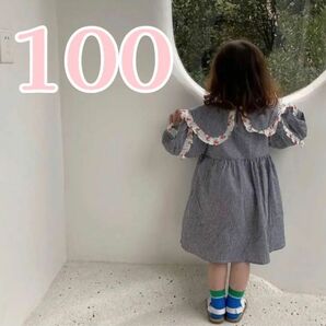 チェリー柄フリル チェック 長袖　ワンピース　黒 女の子 韓国 子ども服 100