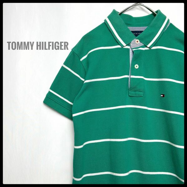 TOMMY HILFIGER トミーヒルフィガー　ポロシャツ　ユニセックス　ボーダー　緑×白　半袖　ライトグリーン　トップス