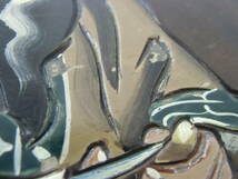 アイヌ 民族 飾皿 絵皿 木製 北海道 工芸品 ヴィンテージ レトロ 古皿 直径約29cm スタンド付き 木彫り_画像5