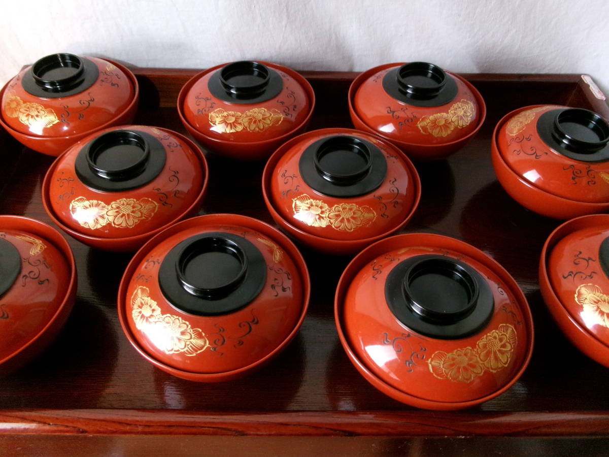 木製 朱椀 花 蝶 蒔絵 吸い物椀 汁椀 10客