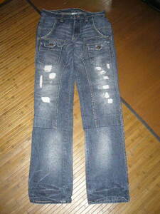 135-67♂：free gateフリーゲート　ブッシュパンツ　jeansダメージ　size.M　色.インディゴ　バングラデシュ製 ㈱コダマコーポレーション