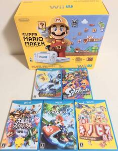 Wii U スーパーマリオメーカープレミアムセット 32GB ホワイト 通電 動作確認 初期化済み ソフト5本付き Wii U NINTENDO 美品