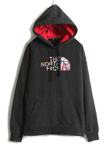 2018 オリンピック 人気 黒 ■ ノースフェイス 国旗 プリント スウェット フード パーカー レディース M / The North Face 裏起毛 スエット