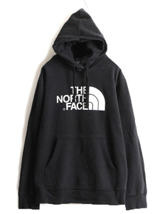 ■ ノースフェイス プリント スウェット フード パーカー ( メンズ L ) 古着 The North Face トレーナー プルオーバー 裏起毛 スエット 黒