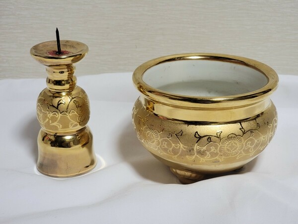 アンティーク　レトロ　金彩　香炉＋蝋燭立て　金　ゴールド