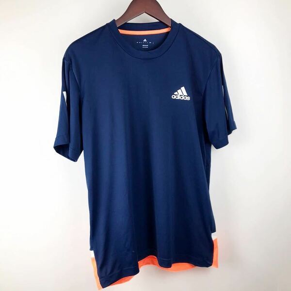 大きいサイズ adidas アディダス 半袖 Tシャツ メンズ L 紺 ネイビー オレンジ 速乾 シンプル ライン ゴルフ サッカー スポーツ ウェア