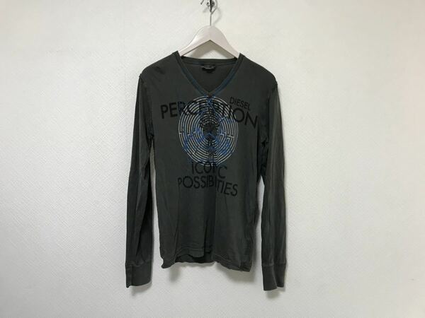 本物ディーゼルDIESELコットンVネックプリント長袖ロンTシャツメンズサーフアメカジビジネスミリタリー黒グレーSインド製