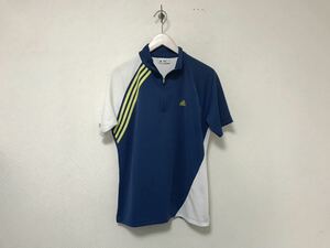 美品本物アディダスadidasスポーツウェアハーフジップ半袖ポロシャツメンズアメカジサーフミリタリースーツ青ブルーMジムランニング