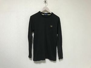 本物フレッドペリーFREDPERRYコットンロゴ刺繍ポケット長袖ロンTシャツメンズサーフアメカジビジネスミリタリー黒ブラックXS