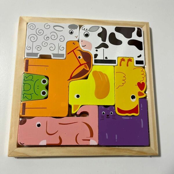 【新品】動物大集合(馬、羊、牛、猫など) 木製パズル 知育玩具　木のおもちゃ
