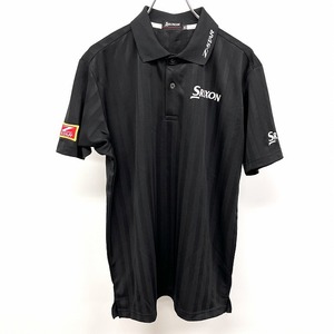 SRIXON スリクソン M メンズ ゴルフ ポロシャツ ストライプ ロゴ刺繍 ロゴパッチ 英字 文字 半袖 ショートスリーブ ポリ100% ブラック 黒