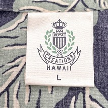 ROYAL CREATIONS HAWAII - L メンズ オープンカラーシャツ アロハ柄 花柄 半袖 ハワイ製 ポリ×綿 杢ネイビー×グリーン×オフホワイト 紺_画像3