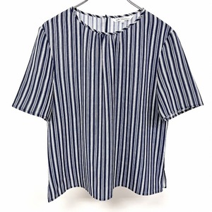 23区 ニジュウサンク 40 レディース 女性 薄手 Tシャツ ストライプ 首元ギャザー 後ろ1つボタン 丸首 半袖 ポリ100% ネイビー×ホワイト 紺