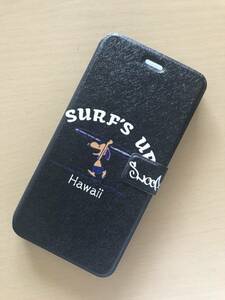 iPhone 6s Plus / 6 Plus 用カード入れ スタンド機能付き手帳レザーケース★ SURF’S UP ハワイ日焼け スヌーピー【黒】★ 送料無料