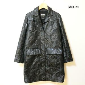 美品 MSGM エムエスジーエム サイズ38 黒 ブラック ロング チェスターコート レザージャケット フェイクレザー 総柄 比翼ボタン