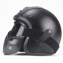 ハーレーヘルメット バイクヘルメット ジェットヘルメット PUレザー バイザー付き ゴーグル マスク付 カラー:F サイズ:L_画像3