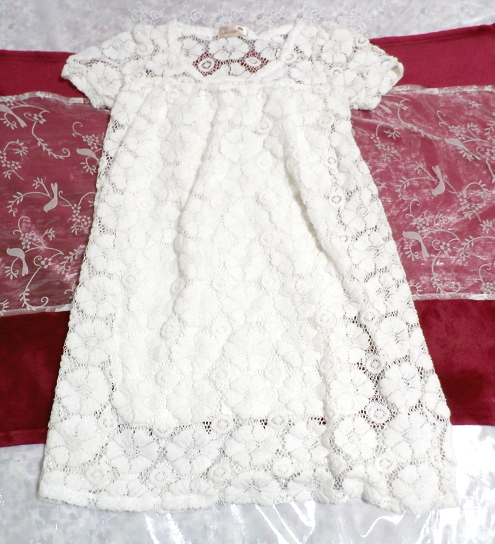 純白ホワイト花柄レースニットネグリジェチュニックワンピース Pure white knit floral pattern lace negligee tunic dress, チュニック, 半袖, Mサイズ