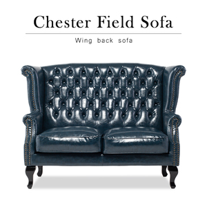  wing back sofa 2 seater .2 person Cesta - field sofa high back blue PU leather imitation leather cat legs antique style VSA925B2-P58K