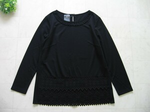 未使用 Bon Sens ボンサンス ★ レース付き♪ 上品なブラックデザインカットソー 38 ジャージー ショップチャンネル 黒