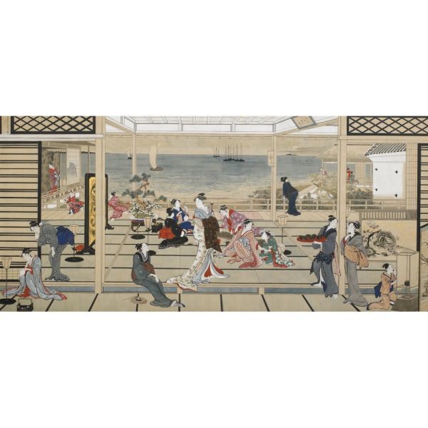 [Version pleine grandeur] Kitagawa Utamaro Utamaro Shinagawa Moon 1788 Ukiyo-e Beautiful Woman Wallpaper Poster Extra Large Edition 1261 mm x 576 mm Autocollant pelable 015S1, peinture, Ukiyo-e, imprimer, Peinture de belle femme