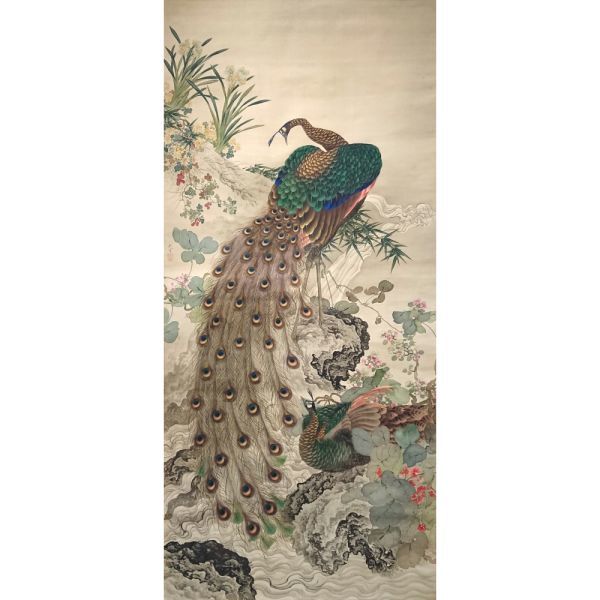 [Vollformatversion] Akiaki Okamoto Flower Peacocks (Kakikujakuzu) 1857 Autumn Peacock Wallpaper Poster, 291 mm x 641 mm, abziehbarer Aufkleber 002S2, Malerei, Japanische Malerei, Blumen und Vögel, Vögel und Tiere