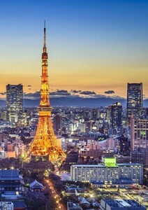 東京タワーと六本木ヒルズ＆東京ミッドタウン 夕暮れ夜景 絵画風 壁紙ポスター A2版 420×594mm はがせるシール式 027A2