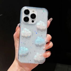 iPhone13/14ケース くも 雲 キラキラ クリア 透明 韓国 かわいい スマホカバー 立体 トレカ カード クラウド