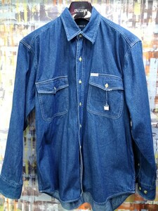 送料込★UNIQLOユニクロ/レトロレアなデニム長袖シャツ 713-2010・Mサイズ★濃いめインディゴ/左胸にUNIQLO帯ロゴ/背プリーツの余裕