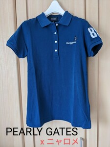 PEARLY GATES レディース0 パーリーゲイツ x ニャロメ 半袖 ゴルフ コットンポロシャツ ブランドロゴ刺繍 ブルー S相当 日本製 正規品