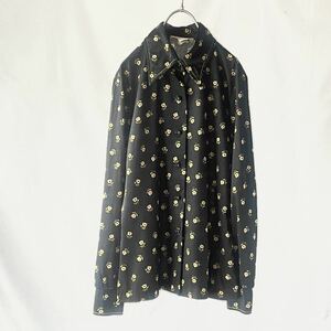70s 黒 花柄 ポリエステル 長袖シャツ vintage