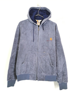 古着 80s USA製 Carhartt ワンポイント 刺しゅう 裏起毛 光沢 ベロア ジップ パーカー M 古着