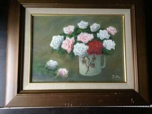 Art hand Auction Rose Rose It seems to be a very cute oil painting of a rose. Handwritten by the artist. Signed by JM. It is a beautifully and elegantly painted masterpiece., painting, oil painting, still life painting