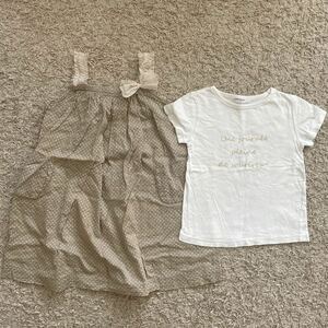 PATACHOUpata shoe T-shirt One-piece 110cm regular price 15000 jpy made in Japan 2 point set set sale Bebe natural dot beige white 