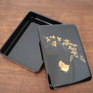 fk40514 会津塗 黒漆 蒔絵 萩とうずら紋 葉書入れ 文箱 大きさ約21×15cm 文房具 書道具 小物入