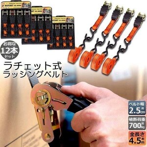 即納12本セットラッシングベルト 荷締めベルト ラチェットベルト 4.5m 幅2.5cm 荷締機 固定ベルト タイダウンベルト らっしんぐベルト