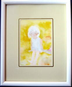 『黄色い背景の中にすわる少女』 いわさきちひろ・児童画・ポストカード（複製印刷）