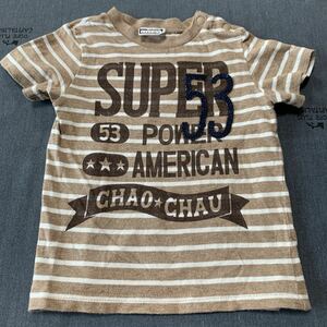 used 子供服 「 CHAO CHAU 95cm 茶色 ボーダー柄 半袖 Tシャツ 」首元にスナップがあり着せやすい /
