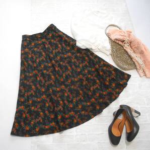 〔 送料無料! 〕 EL MIDAS エルミダ ブラック フラワー プリント ウール ミディ丈 ロング スカート 10号 ( 黒 花柄 柄 ダリア 毛100% )