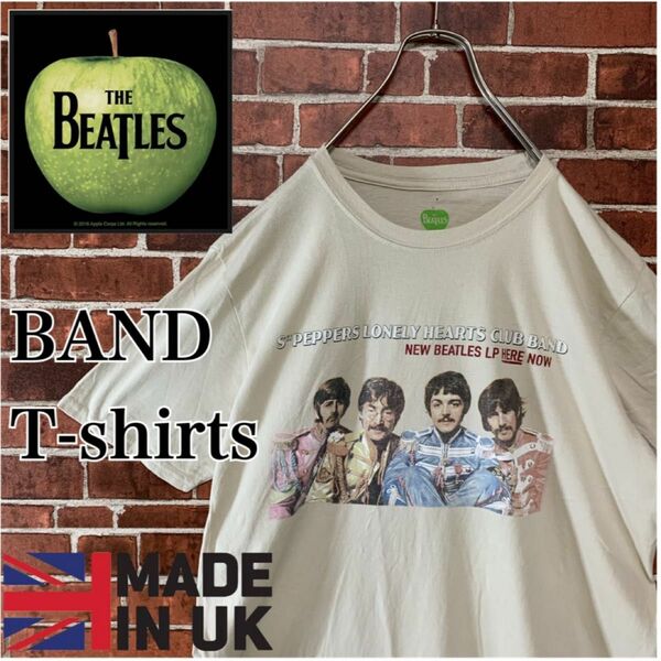 【英国製】2017 BEATLES ビートルズ　ロック　バンドTシャツ L 半袖古着　ベージュ　ジョンレノン　ポールマッカートニー